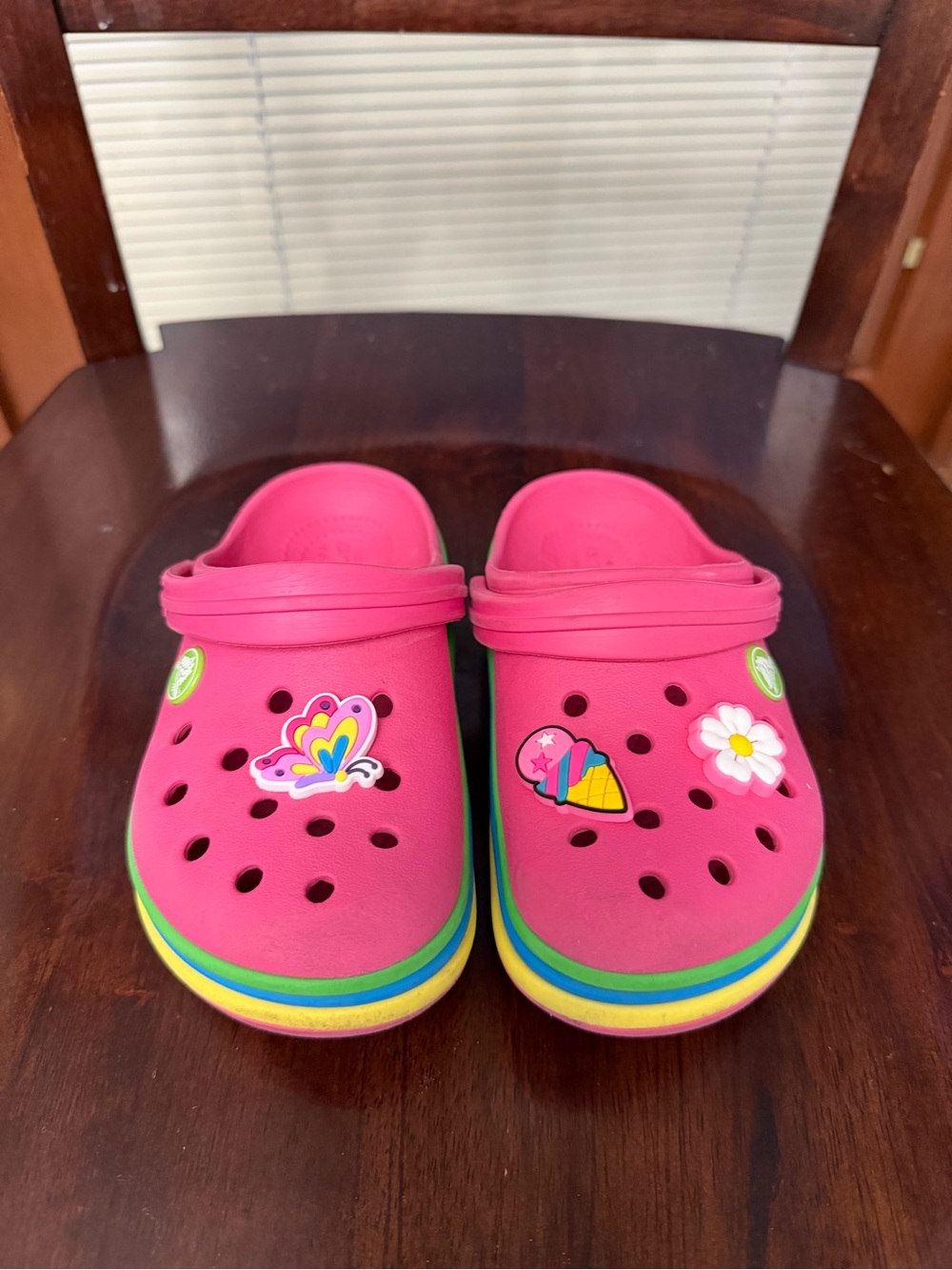CROCS Kids Pink Clogs with Rainbow Layered Sole